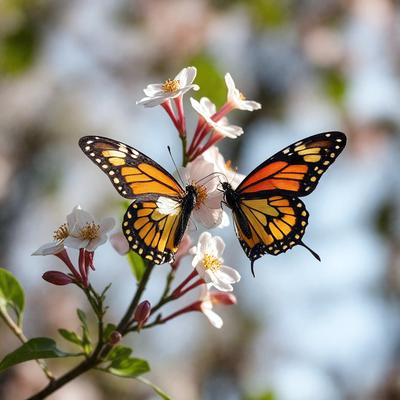 The primary subject of the image is a pair of butterflies, one orange and one yellow, sitting on a branch with white flowers. The setting is a garden, with the butterflies perched on a tree branch surrounded by the flowers. The visual style is a photo, capturing the beauty of the butterflies and their natural environment. The colors and mood of the image are vibrant and lively, with the butterflies and flowers creating a sense of warmth and tranquility.
